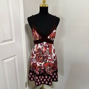 Y2K Resortwear Summer Brown paisley print babydoll dress with brown trim Size M